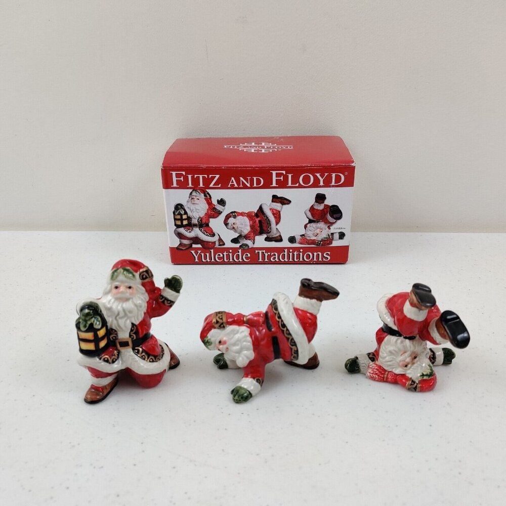 Fitz & Floyd Yuletide Tradition Santa Tumblers Hand Crafted Porcelain Christmas